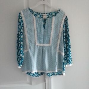 Matilda Jane Blue and White Peasant Blouse with Lace Trim